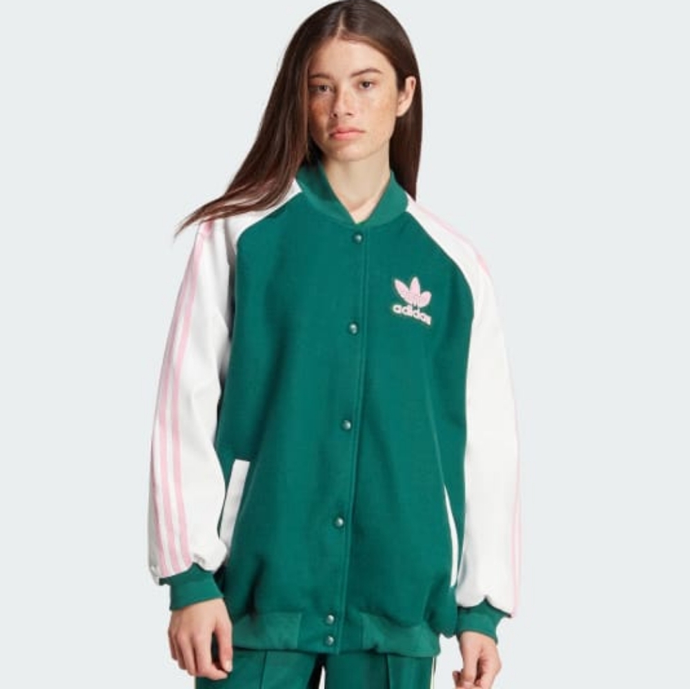 NWT Adidas Original SST Oversized Varsity Green and Pink Jacket